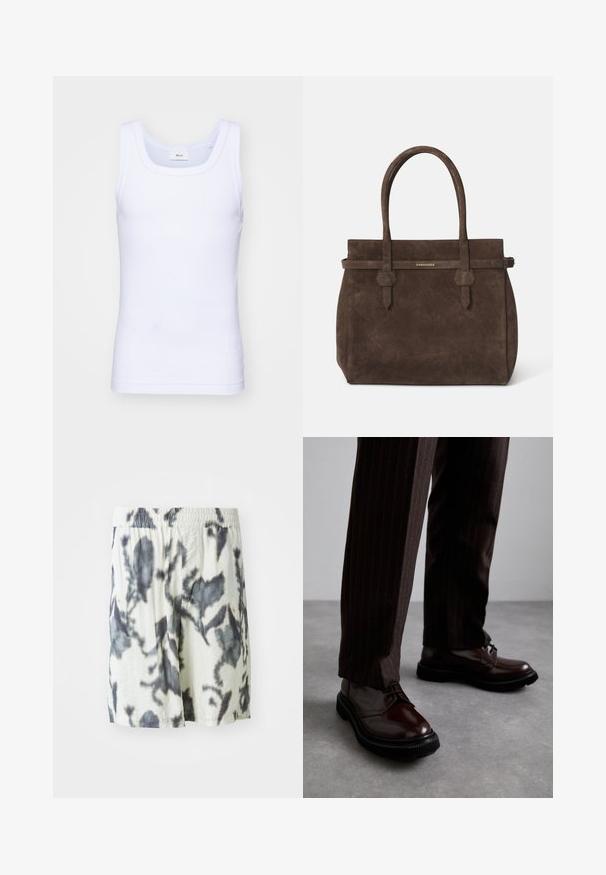 Débardeur sans manches en coton blanc avec un col rond, présentant une texture lisse et une coupe ajustée, conçu pour un usage décontracté.; Shorts blancs avec un motif tie-dye noir, dotés d'une taille élastique et d'un tissu respirant pour plus de confort. Design décontracté avec une coupe ample.; Chaussures en cuir marron à lacets avec une finition brillante, semelle en caoutchouc noire et coutures discrètes. Portées avec un pantalon marron à rayures.; Sac fourre-tout en suède marron foncé avec des anses doubles et une sangle horizontale surmontée d'une petite plaque en or portant le logo DSQUARED2.