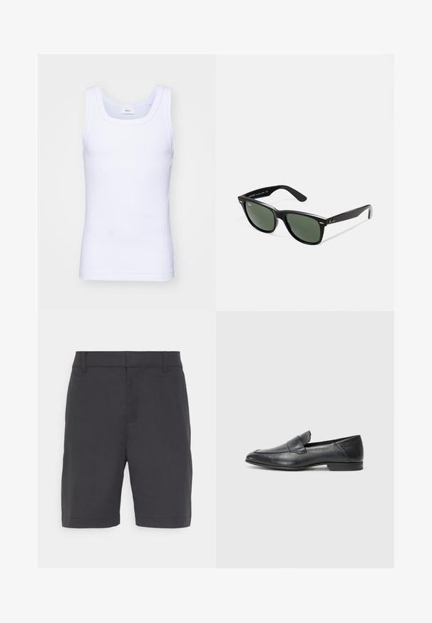 Bílé bavlněné tílko bez rukávů s kulatým výstřihem, s hladkou texturou a přiléhavým střihem, navržené pro volnočasové nošení.; Tmavě šedé šortky vyrobené z hladkého materiálu, s plochým předním dílem, dvěma bočními kapsami a lemem, který končí těsně nad kolenem.; Černé kožené mokasíny s hladkou texturou, nízkým podpatkem a designem na nazouvání, který má zvýšený šev přes přední část.; Černé plastové sluneční brýle se zelenými skly, čtvercové obroučky, stříbrný detail na obočí a texturované stranice. Značka uvedená na vnitřní straně stranic.
