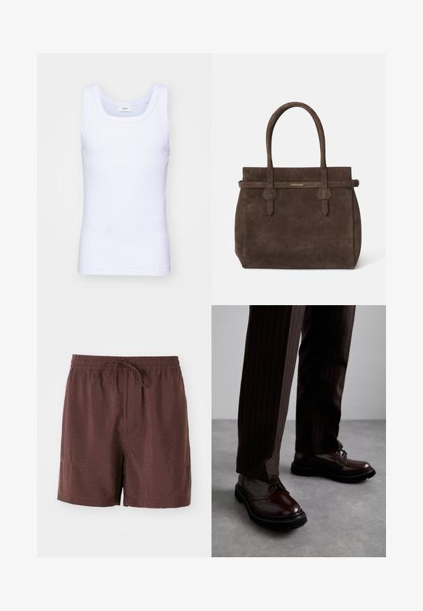 White cotton sleeveless tank top with a round neckline, featuring a smooth texture and a fitting shape, designed for casual wear.; Brown, lightweight shorts with an elastic waistband and drawstring. Features side pockets and a smooth, slightly glossy texture.; Brown leather lace-up shoes with a glossy finish, black rubber sole, and subtle stitching. Worn with pinstriped brown trousers.; Dark brown suede tote bag with dual handles and a horizontal strap featuring a small gold DSQUARED2 logo plaque.