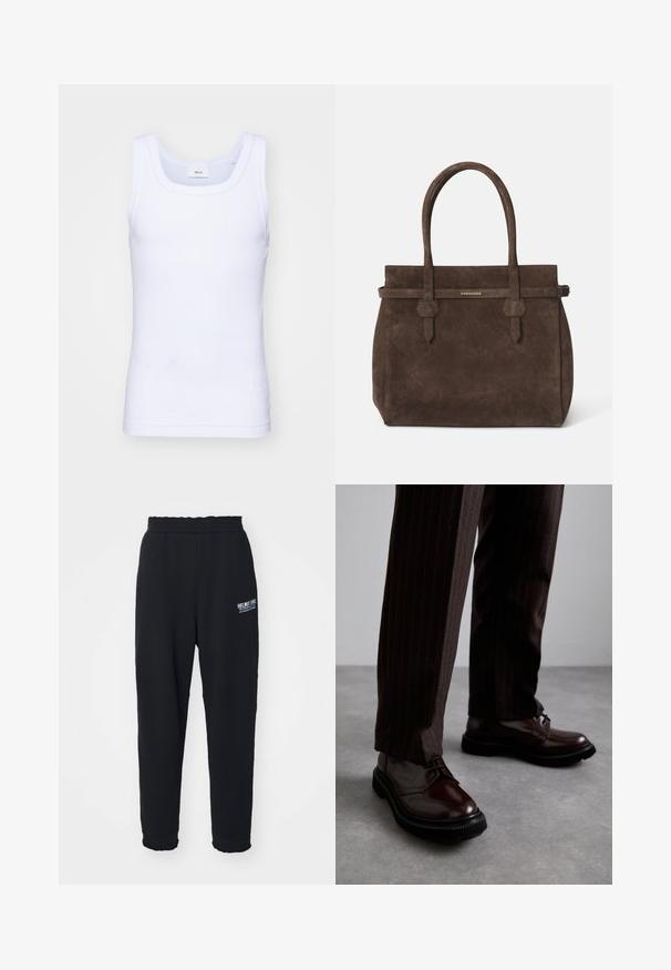 Hvid bomulds ærmeløs tanktop med rund halsudskæring, der har en glat tekstur og en tætsiddende pasform, designet til casual brug.; Sorte sweatpants lavet af blød stof, med en strækbar talje, indsnævrede ben og et lille hvidt logo på venstre side.; Brune læder snørebåndssko med en glat finish, sort gummisål og diskret syning. Båret med brune bukser med striber.; Mørkebrune suede tote-tasker med to håndtag og et vandret bånd med en lille gul DSQUARED2 logo-plakette.