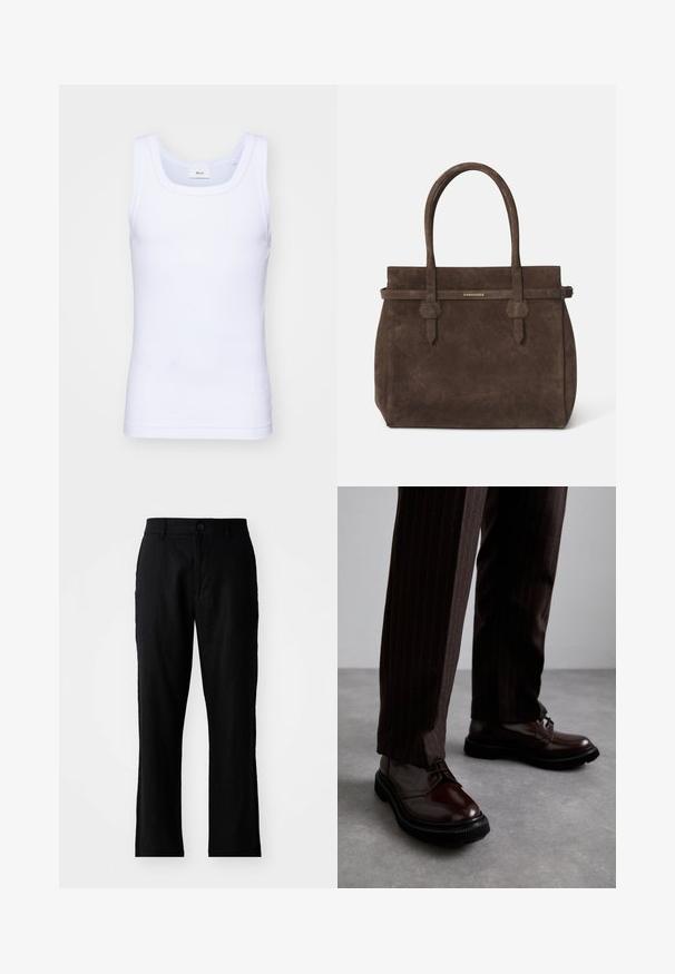 Witte katoenen mouwloze tanktop met een ronde halslijn, met een gladde textuur en een aansluitende pasvorm, ontworpen voor casual gebruik.; Zwarte linnen broek met een rechte snit, voorzien van een knoopsluiting en zonder zichtbare patronen, met een gladde textuur en standaard zakken.; Bruine leren veterschoenen met een glanzende afwerking, zwarte rubberen zool en subtiele stiksels. Draag ze met bruin gestreepte broek.; Donkerbruin suède tote bag met dubbele handvatten en een horizontale strap met een klein gouden DSQUARED2 logo plaatje.