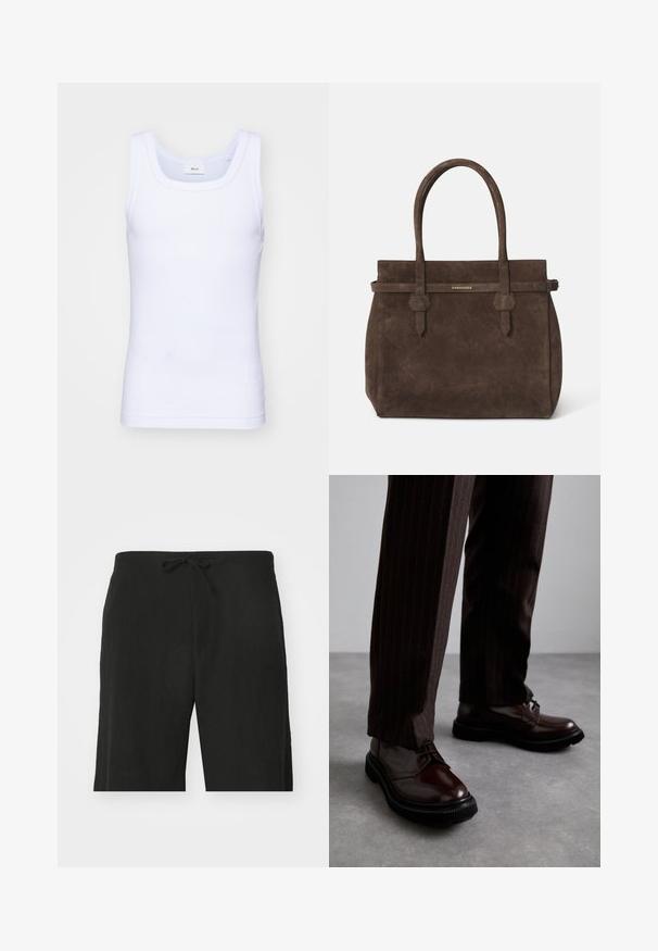 White cotton sleeveless tank top with a round neckline, featuring a smooth texture and a fitting shape, designed for casual wear.; Black linen shorts with a drawstring waist, featuring a relaxed fit and knee-length design. Smooth texture, simple and classic style.; Brown leather lace-up shoes with a glossy finish, black rubber sole, and subtle stitching. Worn with pinstriped brown trousers.; Dark brown suede tote bag with dual handles and a horizontal strap featuring a small gold DSQUARED2 logo plaque.