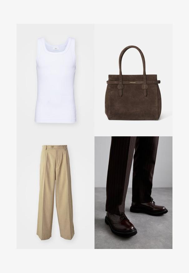 Bílé bavlněné tílko bez rukávů s kulatým výstřihem, s hladkou texturou a přiléhavým střihem, navržené pro volnočasové nošení.; Beige kalhoty širokého střihu s vysokým pasem, dvěma předními sklady a jedním zapínáním na knoflík. Vyrobeny z texturované tkaniny s jemným vzorem.; Hnědé kožené šněrovací boty s lesklým povrchem, černou gumovou podrážkou a jemným štepováním. Nosené s hnědými pruhovanými kalhotami.; Tmavě hnědá semišová taška s dvojitými uchy a horizontálním popruhem se štítkem s malým zlatým logem DSQUARED2.