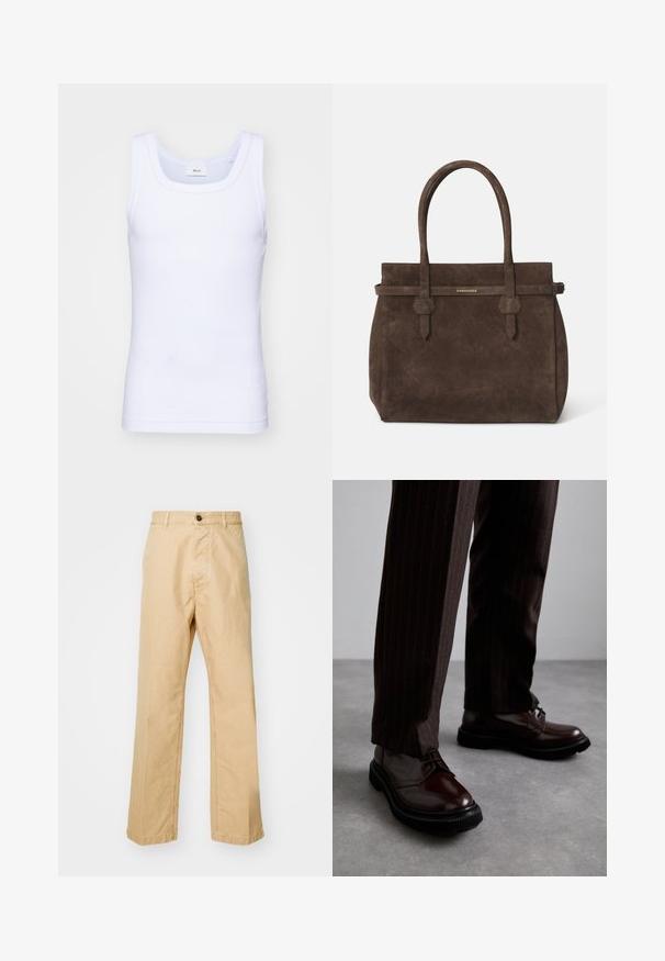 Weißes Baumwoll-Top ohne Ärmel mit rundem Ausschnitt, ausgestattet mit einer glatten Textur und einer figurbetonten Form, ideal für die Freizeit.; Khaki-Chinos mit geradem Bein, aus Baumwollstoff gefertigt, mit einem Knopfverschluss vorne und Gürtelschlaufen. Glatte Textur, kein Muster.; Braune Leder Schnürschuhe mit glänzender Oberfläche, schwarzer Gummisohle und dezenten Nähten. Getragen mit braunen Angabenhosen mit Nadelstreifen.; Dunkelbraune Wildledertasche mit doppelten Griffen und einem horizontalen Riemen, der mit einem kleinen goldenen DSQUARED2-Logo-Plakette versehen ist.