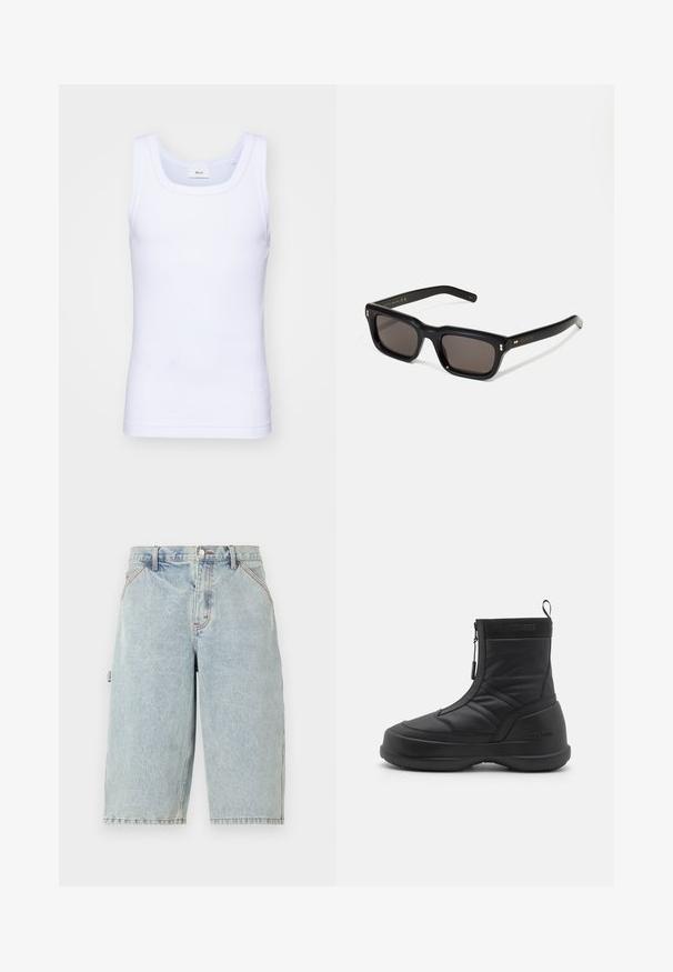 White cotton sleeveless tank top with a round neckline, featuring a smooth texture and a fitting shape, designed for casual wear.; Noon Goons RUNAWAY - Denim shorts - washed blue; Black waterproof snow boot with a smooth synthetic upper, zip closure, padded collar, and textured rubber sole. Accented with "MOON BOOT" branding.; Black rectangular sunglasses with dark lenses, thick plastic frame, gold accents on temples, and brand logo engraved on the arm.
