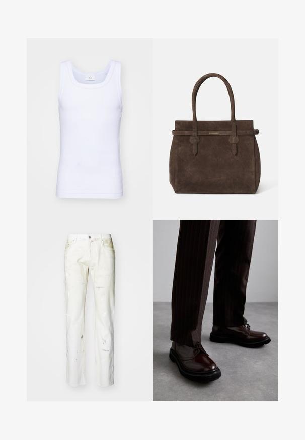 Camiseta sin mangas de algodón blanca con escote redondo, que presenta una textura suave y una forma ajustada, diseñada para el uso casual.; Jeans de mezclilla blanca con corte recto. Presentan manchas de pintura visibles, cremallera en la bragueta y cinco bolsillos. Textura suave con un aspecto ligeramente desgastado.; Zapatos de cuero marrón con cordones y un acabado brillante, suela de goma negra y costuras sutiles. Llevados con pantalones marrón de rayas.; Bolsa tote de ante marrón oscuro con dos asas y una correa horizontal que presenta una pequeña placa de logo dorado de DSQUARED2.