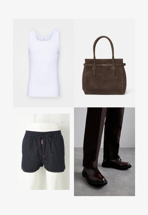 Balta kokvilnas bez piedurknēm tank top krekliņš ar apaļu kakla izgriezumu, ar gludu tekstūru un pieguļošu formu, paredzēts ikdienas valkāšanai.; Tumši zila denim šorti ar elastīgu jostu, aukliņu un kontrastējošu dzeltenu šuvumu. Priekšpusē ir zīmola birka.; Brūni ādas šņorējami apavi ar spīdīgu apdari, melna gumijas zole un smalki satīti šuvumi. Valkāti ar svītrainām brūnām biksēm.; Tumši brūns zamšains somiņas ar divām rokturiem un horizontālu siksnu, kurai ir neliels zelta DSQUARED2 logotipa plāksne.