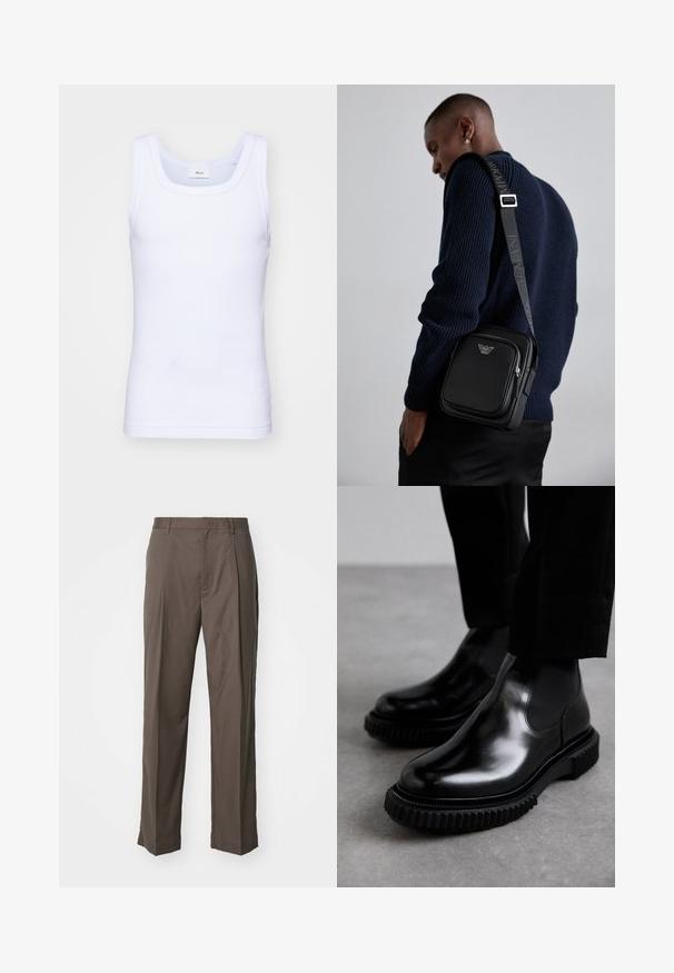 Bílé bavlněné tílko bez rukávů s kulatým výstřihem, s hladkou texturou a přiléhavým střihem, navržené pro volnočasové nošení.; Emporio Armani Kalhoty - chocolate chip; Černé kožené chelsea boty s hladkým povrchem, elastickými bočními panely a silnou, strukturovanou gumovou podrážkou s drsným vzorem.; Černá kožená crossbody kabelka s zipovou kapsou, detailem loga a nastavitelným popruhem se značkou. Nositá na texturovaném námořnickém svetr.