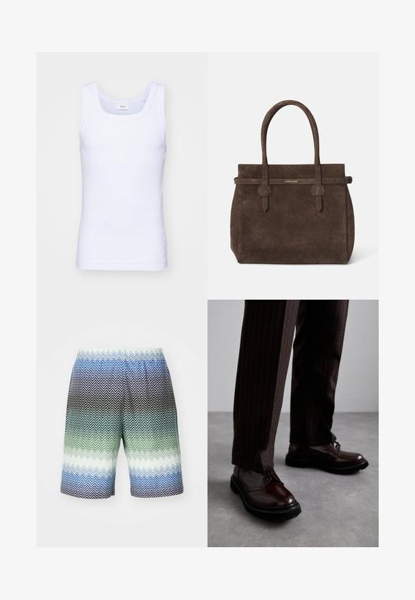 Balta kokvilnas bez piedurknēm tank top krekliņš ar apaļu kakla izgriezumu, ar gludu tekstūru un pieguļošu formu, paredzēts ikdienas valkāšanai.; Vīriešu peldkostīmi ar zigzaga rakstu gradienta toņos no melnas, tumši zaļas, tirkīza un zilas krāsas, ar elastīgu vidukli un vieglu materiālu.; Brūni ādas šņorējami apavi ar spīdīgu apdari, melna gumijas zole un smalki satīti šuvumi. Valkāti ar svītrainām brūnām biksēm.; Tumši brūns zamšains somiņas ar divām rokturiem un horizontālu siksnu, kurai ir neliels zelta DSQUARED2 logotipa plāksne.