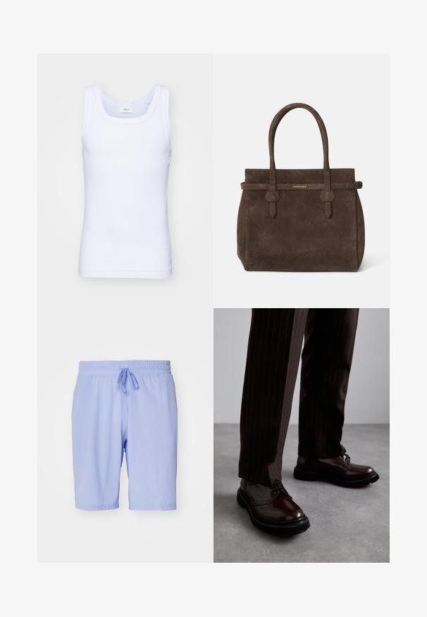 Weißes Baumwoll-Top ohne Ärmel mit rundem Ausschnitt, ausgestattet mit einer glatten Textur und einer figurbetonten Form, ideal für die Freizeit.; adidas Performance TENNIS ERGO - Kurze Sporthose - blue spark; Braune Leder Schnürschuhe mit glänzender Oberfläche, schwarzer Gummisohle und dezenten Nähten. Getragen mit braunen Angabenhosen mit Nadelstreifen.; Dunkelbraune Wildledertasche mit doppelten Griffen und einem horizontalen Riemen, der mit einem kleinen goldenen DSQUARED2-Logo-Plakette versehen ist.