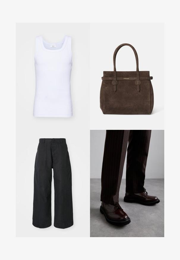 White cotton sleeveless tank top with a round neckline, featuring a smooth texture and a fitting shape, designed for casual wear.; Black wide-leg trousers made of canvas material with a button closure, featuring two front pockets and a relaxed fit.; Brown leather lace-up shoes with a glossy finish, black rubber sole, and subtle stitching. Worn with pinstriped brown trousers.; Dark brown suede tote bag with dual handles and a horizontal strap featuring a small gold DSQUARED2 logo plaque.