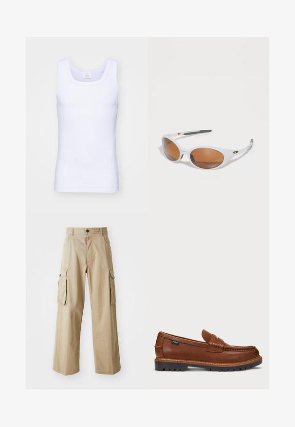 Weißes Baumwoll-Top ohne Ärmel mit rundem Ausschnitt, ausgestattet mit einer glatten Textur und einer figurbetonten Form, ideal für die Freizeit.; Beige Cargo-Hose aus Baumwolle, mit weitem Bein, zwei großen Seitentaschen und einem Knopfverschluss an der Taille.; Braune Leder Slipper mit dekorativer Naht und strukturiertem Zehenbereich. Die Sohle hat ein robustes Design, das Traktion und Langlebigkeit bietet.; Weiße Sonnenbrille mit braunen Gläsern, ovale Form, aus glattem Kunststoff, mit grauen Akzenten an den Bügeln und einem Logo auf dem Rahmen.