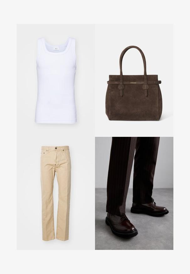 Valge puuvillane golfi särk ilma varrukateta, ümmarguse kaelusega, sileda tekstuuri ja sobiva lõikega, mõeldud igapäevaseks kandmiseks.; Beeži puuvillased püksid otse lõikega, millel on nup closure, vööklambrid ja ees olevad taskud. Sile tekstuur, minimaalne õmblemine.; Pruun nahast nööbitavad kingad läikiva viimistlusega, musta kummist tallaga ja peene tikandiga. Kanda pinstriped pruunide pükstega.; Tumed pruun nubukist öksohva, millel on kaks käepidet ja horisontaalne rihm, millel on väike kuldne DSQUARED2 logo plaat.