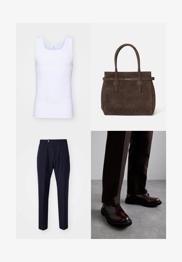 Balti medvilninė be rankovių marškinėliai su apvaliu iškirpimu, pasižymintys lygiu tekstūru ir prigludusia forma, skirti kasdieniam dėvėjimui.; Paul Smith TROUSER - Kelnės - grey; Rudos odinės bateliai su raišteliais, blizgiu paviršiumi, juoda gumine absorbcija ir subtilia siūle. Dėvimi su rudos spalvos dryžuotomis kelnių.; Tamsiai ruda zomšinė rankinė su dviem rankenomis ir horizontaliu diržu, kuriame yra mažas auksinis DSQUARED2 logotipo ženklelis.