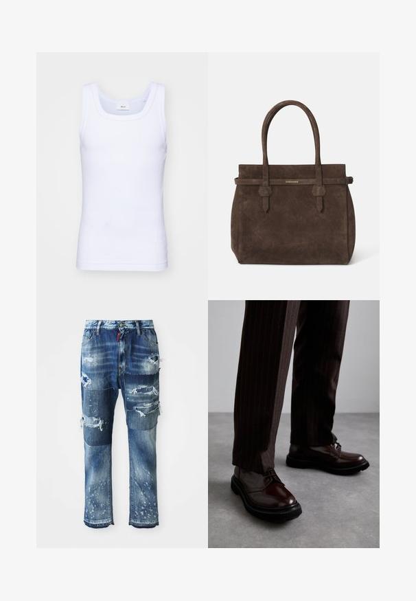 White cotton sleeveless tank top with a round neckline, featuring a smooth texture and a fitting shape, designed for casual wear.; Blue denim jeans with a relaxed fit, featuring distressed patches, frayed edges, and light wash accents. Five-pocket design with a button closure.; Brown leather lace-up shoes with a glossy finish, black rubber sole, and subtle stitching. Worn with pinstriped brown trousers.; Dark brown suede tote bag with dual handles and a horizontal strap featuring a small gold DSQUARED2 logo plaque.