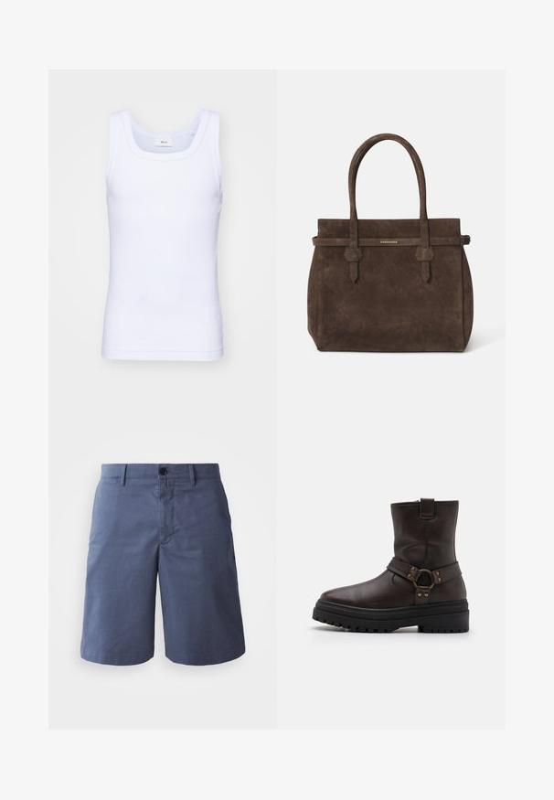 Bílé bavlněné tílko bez rukávů s kulatým výstřihem, s hladkou texturou a přiléhavým střihem, navržené pro volnočasové nošení.; Námořnické modré bavlněné šortky s plochým předním dílem, jednou knoflíkovou sponou, dvěma bočními kapsami a rovnou nohavicí. Hladká textura, žádné viditelné vzory.; Hnědé kožené kotníkové boty se čtveratou špičkou, akcenty s přezkami a silnou černou podrážkou. Obsahují boční zip a texturovaný povrch.; Tmavě hnědá semišová taška s dvojitými uchy a horizontálním popruhem se štítkem s malým zlatým logem DSQUARED2.