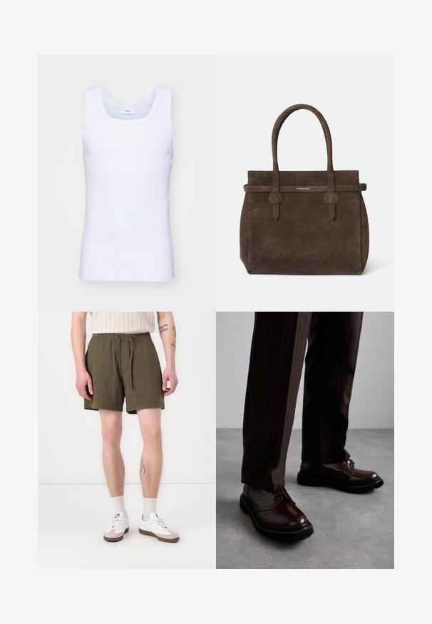 Débardeur sans manches en coton blanc avec un col rond, présentant une texture lisse et une coupe ajustée, conçu pour un usage décontracté.; Shorts vert olive avec une taille élastique et un cordon de serrage, dotés de poches latérales et d'une coupe droite, fabriqués à partir d'un tissu léger.; Chaussures en cuir marron à lacets avec une finition brillante, semelle en caoutchouc noire et coutures discrètes. Portées avec un pantalon marron à rayures.; Sac fourre-tout en suède marron foncé avec des anses doubles et une sangle horizontale surmontée d'une petite plaque en or portant le logo DSQUARED2.