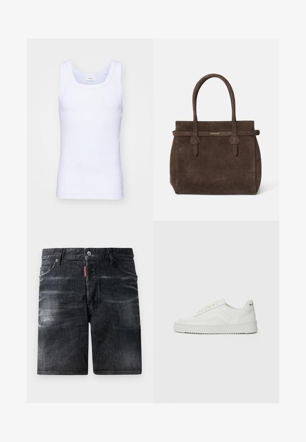 White cotton sleeveless tank top with a round neckline, featuring a smooth texture and a fitting shape, designed for casual wear.; Black denim shorts with a faded design, five-pocket style, and a metal button closure. Features a visible brand label on the waistband.; White leather sneaker with a smooth finish, round toe, flat laces, and a textured sole. Features a subtle logo on the heel.; Dark brown suede tote bag with dual handles and a horizontal strap featuring a small gold DSQUARED2 logo plaque.