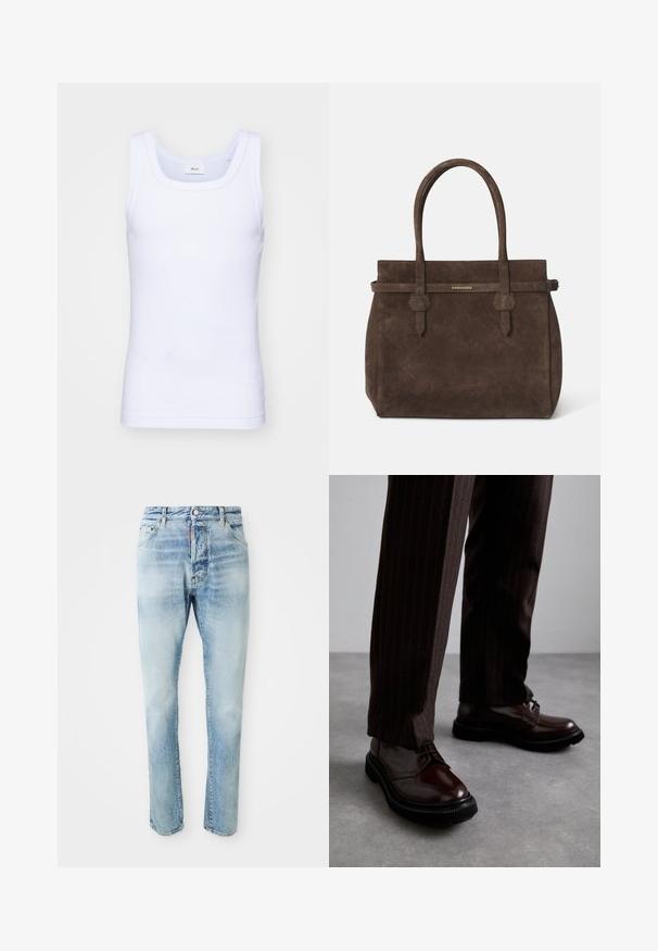 Camiseta sin mangas de algodón blanca con escote redondo, que presenta una textura suave y una forma ajustada, diseñada para el uso casual.; Jeans de mezclilla azul claro deslavado con cierre de botón y cremallera, bolsillos delanteros y traseros, mostrados sobre un fondo blanco liso.; Zapatos de cuero marrón con cordones y un acabado brillante, suela de goma negra y costuras sutiles. Llevados con pantalones marrón de rayas.; Bolsa tote de ante marrón oscuro con dos asas y una correa horizontal que presenta una pequeña placa de logo dorado de DSQUARED2.