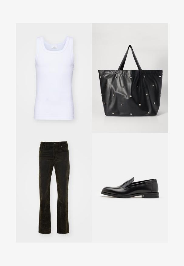 Balta kokvilnas bez piedurknēm tank top krekliņš ar apaļu kakla izgriezumu, ar gludu tekstūru un pieguļošu formu, paredzēts ikdienas valkāšanai.; Melnas kordūras flared džinsi ar gludu tekstūru, priekšējiem kabatām un metāla stiprinājumiem. Bikses ir brīvas piegriezuma un ar vidēju vidukļa augstumu.; Melnas ādas kurpes ar gludu tekstūru, noapaļu purngalu un dekoratīvu siksniņu pāri priekšpusei. Zems sakrauts papēdis, minimālisma dizains.; Melna somiņa, kas izgatavota no gludas sintētiskas vielas, ar mīkstu tekstūru un sudraba dekoratīvām tapām, kas vienmērīgi izkārtotas pa virsmu.