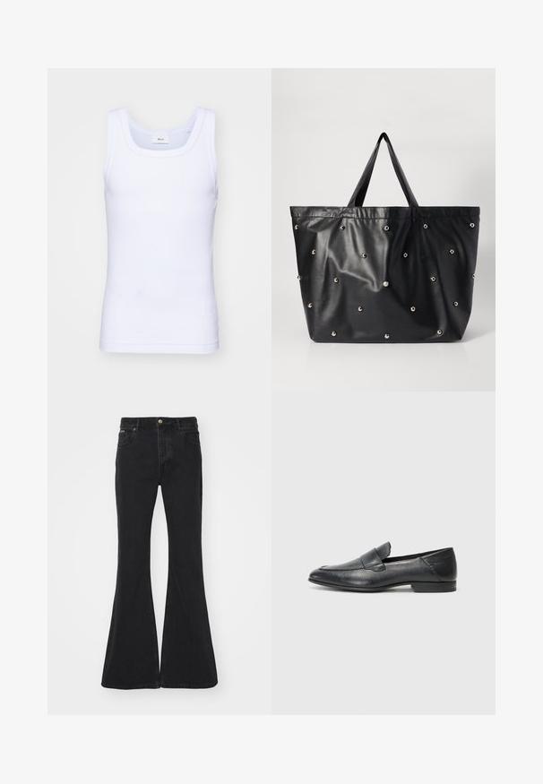 Valkoinen puuvillainen hihaton toppi, jossa on pyöreä pääntie. Topissa on sileä pinta ja se on muotoiltu istuvaksi, suunniteltu rentoon käyttöön.; EYTYS CYRUS RAVEN - Flared-farkut - black; Musta nahkainen loafer-kenkä, jossa on sileä pinta, matala korko ja liukuva malli, jossa on kohotettu sauma edessä.; Musta olkalaukku, joka on valmistettu sileästä synteettisestä materiaalista. Laukussa on pehmeä tekstuuri, ja sen pinnalla on tasaisesti sijoitettuja hopeisia koriste-nastoja.
