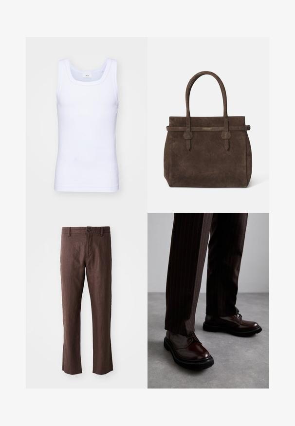 Fehér pamut ujjatlan trikó kerek nyakkivágással, sima textúrával és testhezálló fazonnal, amelyet hétköznapi viseletre terveztek.; Barna len nadrág sima textúrával, egyenes fazonnal, elülső zsebekkel, övhurkokkal és egy gombos záródással a deréknál.; Barna bőrből készült, fényezett felületű, fűzős cipők, fekete gumitalppal és diszkrét varrásokkal. Csíkos barna nadrággal viselve.; Sötétbarna velúr tote táska dupla fogantyúval és vízszintes pánttal, melyen egy kis arany DSQUARED2 logo tábla található.