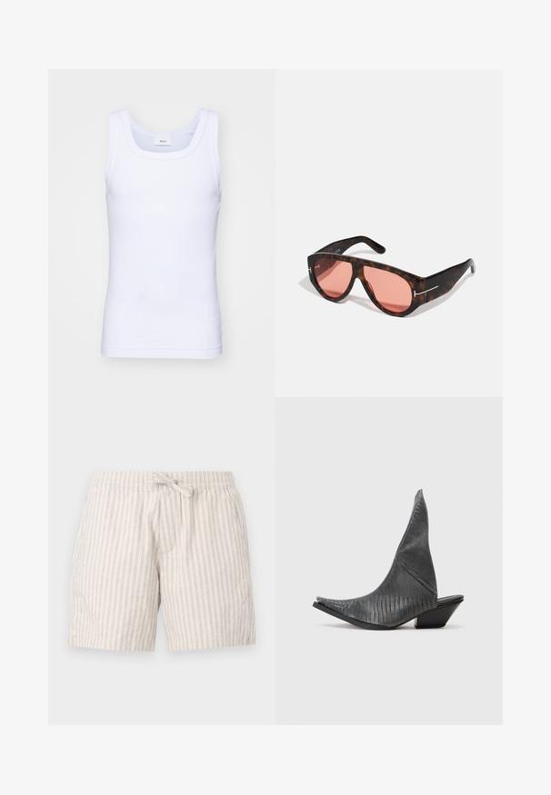 Hvid bomulds ærmeløs tanktop med rund halsudskæring, der har en glat tekstur og en tætsiddende pasform, designet til casual brug.; Lys beige shorts lavet af tekstureret stof med tynde lodrette striber, der har et elastisk taljebånd og en dekorativ snørebånd.; Sorte hæle mules med spids tå og et struktureret slangeskinds mønster. Har en lav, trekantet hæl og et glat, buet overdel design.; Skildpadde-solsorte med pink linser, der har et dristigt og kantet design samt tynde sølvhardware-accenter på stellet.