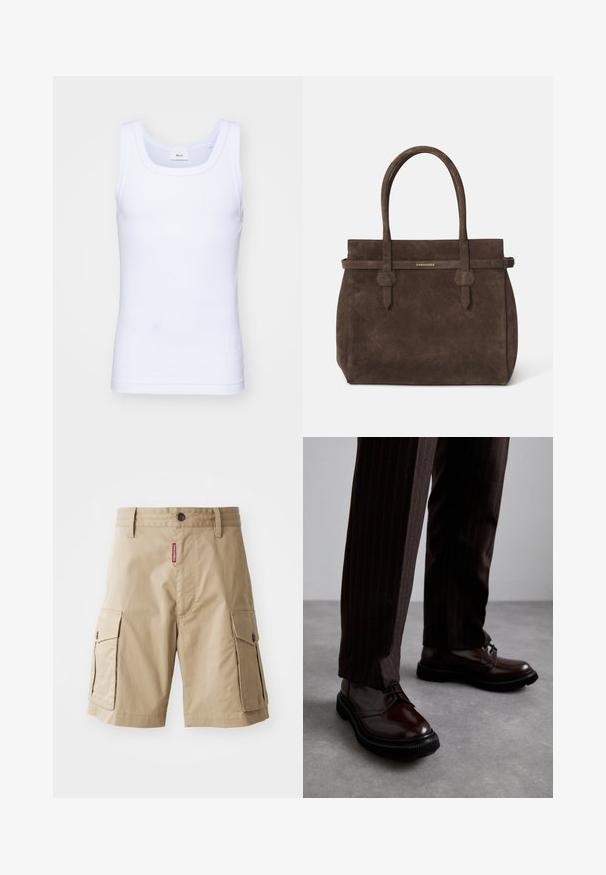 Valkoinen puuvillainen hihaton toppi, jossa on pyöreä pääntie. Topissa on sileä pinta ja se on muotoiltu istuvaksi, suunniteltu rentoon käyttöön.; Beige cargo shorts yang terbuat dari campuran katun, dilengkapi dengan dua saku samping, penutupan kancing, dan label merah yang dijahit di bagian depan.; Ruske nahkasaapad, joissa on kiiltävä pinta, musta kumipohja ja hienovarainen ompelu. Yhdistetty raitapolkkaisiin ruskeisiin housuihin.; Tummanruskea samettinen olkalaukku, jossa on kaksinkertaiset kahvat ja vaakasuuntainen hihna, jossa on pieni kultainen DSQUARED2-logo-plaatti.