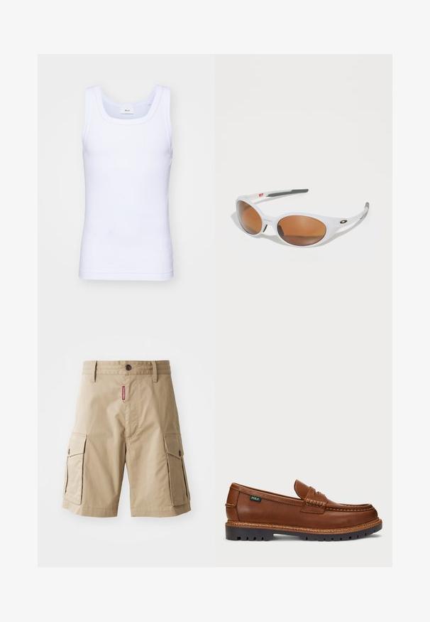 Canottiera bianca in cotone senza maniche con scollatura rotonda, caratterizzata da una texture liscia e una vestibilità aderente, progettata per l'abbigliamento casual.; Pantaloni cargo beige realizzati in misto cotone, con due tasche laterali, chiusura a bottone e un'etichetta rossa cucita sul davanti.; Mocassino in pelle marrone con cuciture decorative e punta testurizzata. La suola presenta un design robusto, che offre trazione e durata.; Occhiali da sole bianchi con lenti marroni, forma ovale, realizzati in plastica liscia, con dettagli grigi sulle aste e un logo sulla montatura.