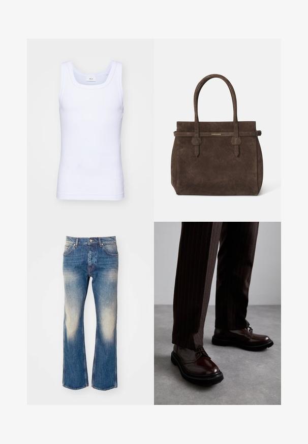 Camiseta sin mangas de algodón blanca con escote redondo, que presenta una textura suave y una forma ajustada, diseñada para el uso casual.; Jeans de mezclilla de color azul claro, de corte acampanado, con desgaste en los muslos, cinco bolsillos, cierre de botón metálico y detalles de costura en contraste.; Zapatos de cuero marrón con cordones y un acabado brillante, suela de goma negra y costuras sutiles. Llevados con pantalones marrón de rayas.; Bolsa tote de ante marrón oscuro con dos asas y una correa horizontal que presenta una pequeña placa de logo dorado de DSQUARED2.