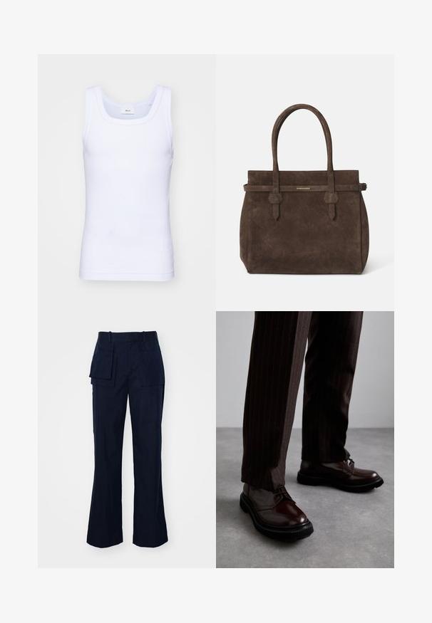 Weißes Baumwoll-Top ohne Ärmel mit rundem Ausschnitt, ausgestattet mit einer glatten Textur und einer figurbetonten Form, ideal für die Freizeit.; Marineblaue Cargo-Hosen mit geradem Bein. Sie verfügen über mehrere große Taschen, einen flachen Bund und einen glatten, strukturierten Stoff.; Braune Leder Schnürschuhe mit glänzender Oberfläche, schwarzer Gummisohle und dezenten Nähten. Getragen mit braunen Angabenhosen mit Nadelstreifen.; Dunkelbraune Wildledertasche mit doppelten Griffen und einem horizontalen Riemen, der mit einem kleinen goldenen DSQUARED2-Logo-Plakette versehen ist.