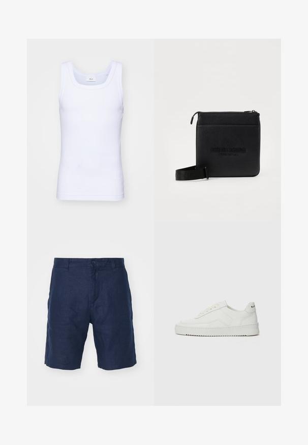 Hvit bomulls ermeløs tanktopp med rund hals, med en glatt tekstur og en tettsittende fasong, designet for hverdagsbruk.; Marineblå linneshorts med knapplukking, rett skjæring, glatt tekstur og minimalistisk stil.; Hvite lærersneakers med en jevn overflate, rund tå, flate lisser og en teksturert såle. Har en subtil logo på hælen.; Svart lær crossbody-veske med glidelåslukking, teksturert overflate, preget logo og avtagbar stropp for variert bæring.