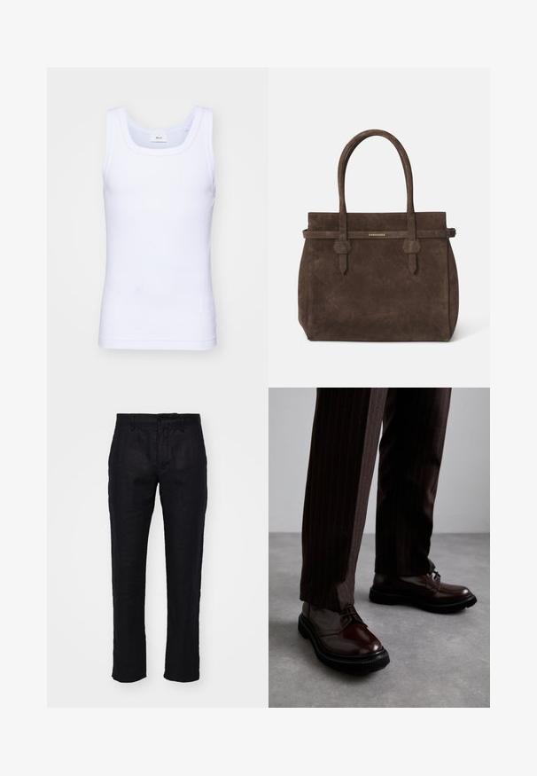 Camiseta sin mangas de algodón blanca con escote redondo, que presenta una textura suave y una forma ajustada, diseñada para el uso casual.; NN.07 THEO - Pantalones - black; Zapatos de cuero marrón con cordones y un acabado brillante, suela de goma negra y costuras sutiles. Llevados con pantalones marrón de rayas.; Bolsa tote de ante marrón oscuro con dos asas y una correa horizontal que presenta una pequeña placa de logo dorado de DSQUARED2.