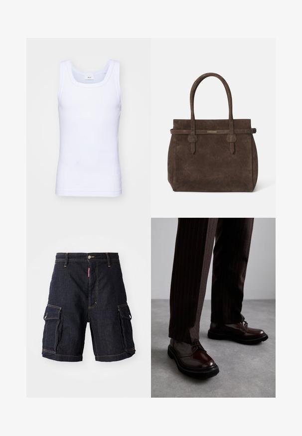 Camiseta sin mangas de algodón blanca con escote redondo, que presenta una textura suave y una forma ajustada, diseñada para el uso casual.; Shorts de cargo de mezclilla azul oscuro con múltiples bolsillos laterales, costuras amarillas y cinturilla con botón. El material es resistente y duradero.; Zapatos de cuero marrón con cordones y un acabado brillante, suela de goma negra y costuras sutiles. Llevados con pantalones marrón de rayas.; Bolsa tote de ante marrón oscuro con dos asas y una correa horizontal que presenta una pequeña placa de logo dorado de DSQUARED2.
