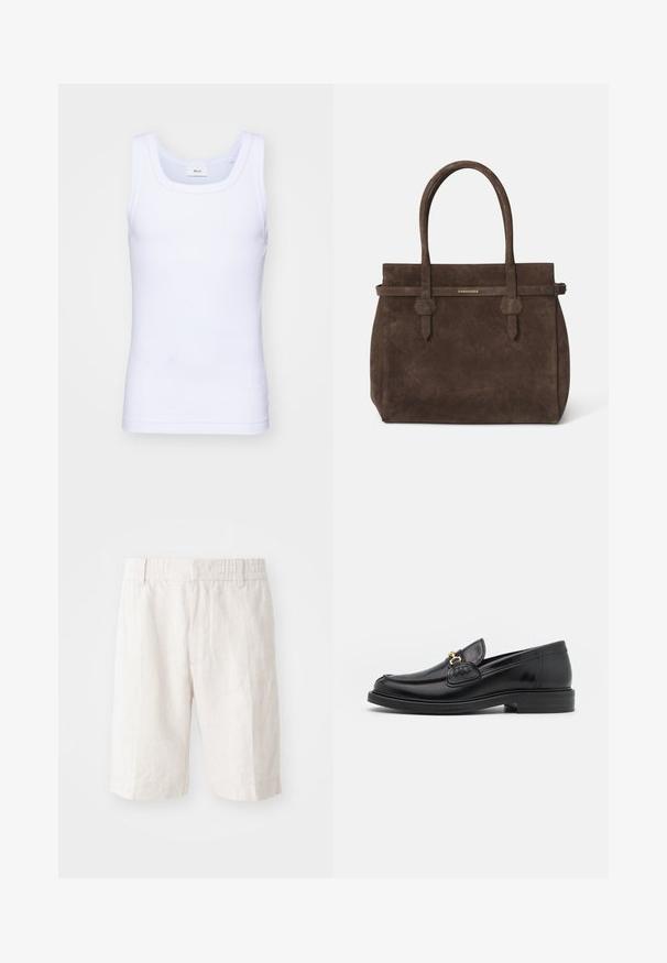 Weißes Baumwoll-Top ohne Ärmel mit rundem Ausschnitt, ausgestattet mit einer glatten Textur und einer figurbetonten Form, ideal für die Freizeit.; Leinen-Shorts in hellem Beige mit einem elastischen Bund, seitlichen Taschen und geradem Schnitt. Glatte Textur mit minimal sichtbaren Nähten.; Schwarze Lederleter mit einer abgerundeten Zehenpartie, ausgestattet mit goldenen Hardwareakzenten und Stichdetails, auf einer niedrigen, strukturierten Gummisohle.; Dunkelbraune Wildledertasche mit doppelten Griffen und einem horizontalen Riemen, der mit einem kleinen goldenen DSQUARED2-Logo-Plakette versehen ist.