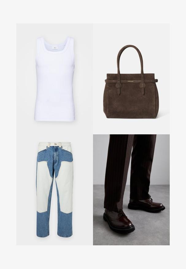 Canottiera bianca in cotone senza maniche con scollatura rotonda, caratterizzata da una texture liscia e una vestibilità aderente, progettata per l'abbigliamento casual.; Jeans in denim di colore azzurro chiaro con toppe bianche in contrasto e cuciture beige. Design a gamba dritta con vita alta.; Scarpe stringate in pelle marrone con finitura lucida, suola in gomma nera e cuciture sottili. Indossate con pantaloni marroni a righe.; Borsa a spalla in suede marrone scuro con doppi manici e una tracolla orizzontale, dotata di una piccola placca con il logo DSQUARED2 in oro.