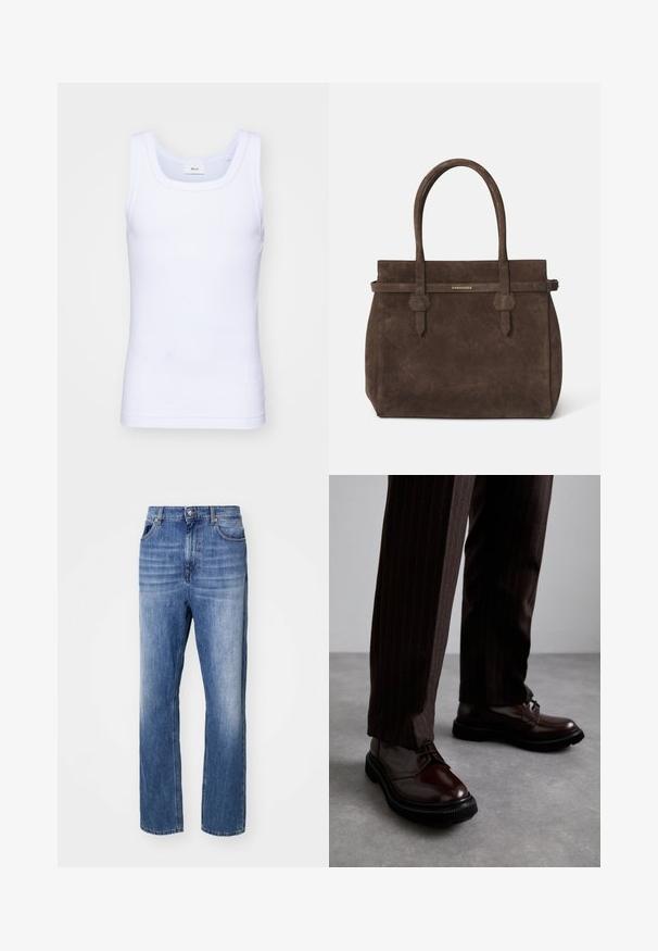 Balta kokvilnas bez piedurknēm tank top krekliņš ar apaļu kakla izgriezumu, ar gludu tekstūru un pieguļošu formu, paredzēts ikdienas valkāšanai.; Zili džinsi no zila denima ar taisnu kāju dizainu. Iekļauj pogu un rāvējslēdzēju, piecas kabatas un izbalinātu mazgāšanu, lai radītu tekstūru.; Brūni ādas šņorējami apavi ar spīdīgu apdari, melna gumijas zole un smalki satīti šuvumi. Valkāti ar svītrainām brūnām biksēm.; Tumši brūns zamšains somiņas ar divām rokturiem un horizontālu siksnu, kurai ir neliels zelta DSQUARED2 logotipa plāksne.