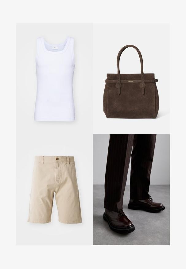 Top din bumbac alb fără mâneci, cu un decolteu rotund, având o textură netedă și o formă ajustată, conceput pentru purtarea casual.; Pantaloni scurți din bumbac bej, cu închidere cu nasture, bucle pentru curea și buzunare laterale; textură netedă și siluetă dreaptă.; Pantofi din piele maro, cu șiret, având un finisaj lucios, talpă din cauciuc negru și o cusătură subtilă. Purtați cu pantaloni maro cu dungi.; Geantă de umăr din suede maro închis, cu două mânere și o curea orizontală care prezintă o mică placă logo aurie DSQUARED2.