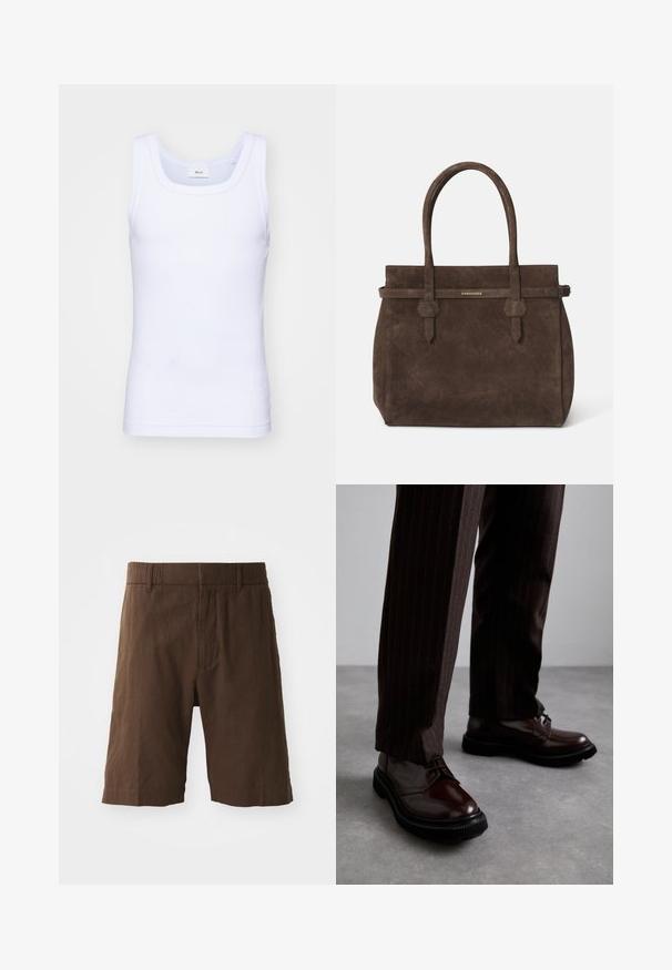 Bílé bavlněné tílko bez rukávů s kulatým výstřihem, s hladkou texturou a přiléhavým střihem, navržené pro volnočasové nošení.; Hnědé lněné šortky s volným střihem, elastickým pasem a rovnými nohavicemi. Hladký povrch s jednoduchým a čistým designem.; Hnědé kožené šněrovací boty s lesklým povrchem, černou gumovou podrážkou a jemným štepováním. Nosené s hnědými pruhovanými kalhotami.; Tmavě hnědá semišová taška s dvojitými uchy a horizontálním popruhem se štítkem s malým zlatým logem DSQUARED2.