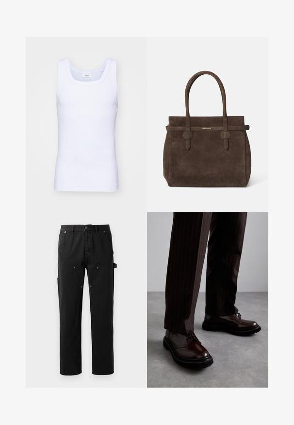 Canottiera bianca in cotone senza maniche con scollatura rotonda, caratterizzata da una texture liscia e una vestibilità aderente, progettata per l'abbigliamento casual.; Pantaloni in cotone neri con design a gamba dritta, due tasche frontali, tasca laterale per utensili e dettagli con bottoni a pressione.; Scarpe stringate in pelle marrone con finitura lucida, suola in gomma nera e cuciture sottili. Indossate con pantaloni marroni a righe.; Borsa a spalla in suede marrone scuro con doppi manici e una tracolla orizzontale, dotata di una piccola placca con il logo DSQUARED2 in oro.
