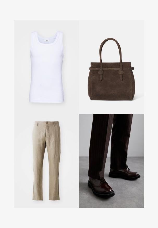 Balta kokvilnas bez piedurknēm tank top krekliņš ar apaļu kakla izgriezumu, ar gludu tekstūru un pieguļošu formu, paredzēts ikdienas valkāšanai.; Bēšīgas linu bikses ar taisnu griezumu, ar priekšējo pogu aizdari un gludu tekstūru. Nav redzamu rakstu vai akcentu.; Brūni ādas šņorējami apavi ar spīdīgu apdari, melna gumijas zole un smalki satīti šuvumi. Valkāti ar svītrainām brūnām biksēm.; Tumši brūns zamšains somiņas ar divām rokturiem un horizontālu siksnu, kurai ir neliels zelta DSQUARED2 logotipa plāksne.