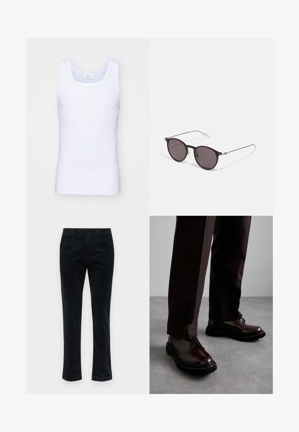 Canottiera bianca in cotone senza maniche con scollatura rotonda, caratterizzata da una texture liscia e una vestibilità aderente, progettata per l'abbigliamento casual.; Pantaloni in velluto corduroy neri con design a gamba dritta, caratterizzati da righe verticali, una trama liscia e una vita standard senza hardware visibile.; Scarpe stringate in pelle marrone con finitura lucida, suola in gomma nera e cuciture sottili. Indossate con pantaloni marroni a righe.; Occhiali da sole neri rotondi con lenti scure e sottili bracci in metallo. Include punte trasparenti e accenti argentati alla cerniera. Design minimalista.