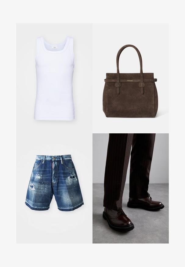 Débardeur sans manches en coton blanc avec un col rond, présentant une texture lisse et une coupe ajustée, conçu pour un usage décontracté.; Shorts en denim bleu foncé avec des détails usés. Caractéristiques d'ourlets effilochés, de poches et d'une fermeture à bouton. Variations de lavage sur le tissu.; Chaussures en cuir marron à lacets avec une finition brillante, semelle en caoutchouc noire et coutures discrètes. Portées avec un pantalon marron à rayures.; Sac fourre-tout en suède marron foncé avec des anses doubles et une sangle horizontale surmontée d'une petite plaque en or portant le logo DSQUARED2.
