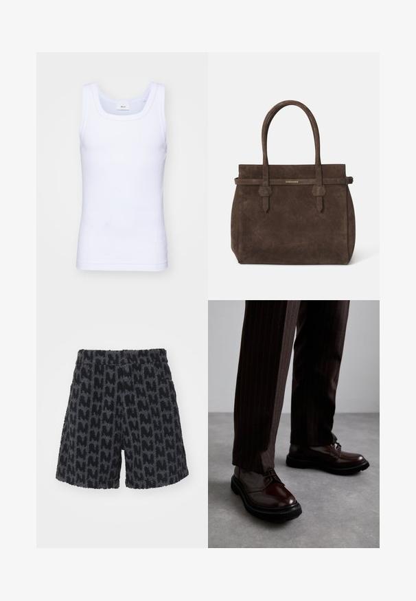 Canottiera bianca in cotone senza maniche con scollatura rotonda, caratterizzata da una texture liscia e una vestibilità aderente, progettata per l'abbigliamento casual.; Pantaloni corti neri e grigi morbidi con un motivo testurizzato che somiglia alla lettera "M." Presentano un elastico con bottone e tasche laterali.; Scarpe stringate in pelle marrone con finitura lucida, suola in gomma nera e cuciture sottili. Indossate con pantaloni marroni a righe.; Borsa a spalla in suede marrone scuro con doppi manici e una tracolla orizzontale, dotata di una piccola placca con il logo DSQUARED2 in oro.