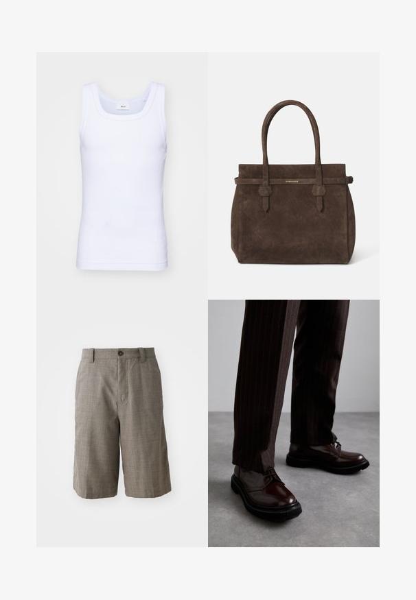 Canottiera bianca in cotone senza maniche con scollatura rotonda, caratterizzata da una texture liscia e una vestibilità aderente, progettata per l'abbigliamento casual.; Pantaloni corti grigi a quadri con design sartoriale, dotati di chiusura anteriore con bottone e due tasche laterali. Realizzati in tessuto testurizzato.; Scarpe stringate in pelle marrone con finitura lucida, suola in gomma nera e cuciture sottili. Indossate con pantaloni marroni a righe.; Borsa a spalla in suede marrone scuro con doppi manici e una tracolla orizzontale, dotata di una piccola placca con il logo DSQUARED2 in oro.