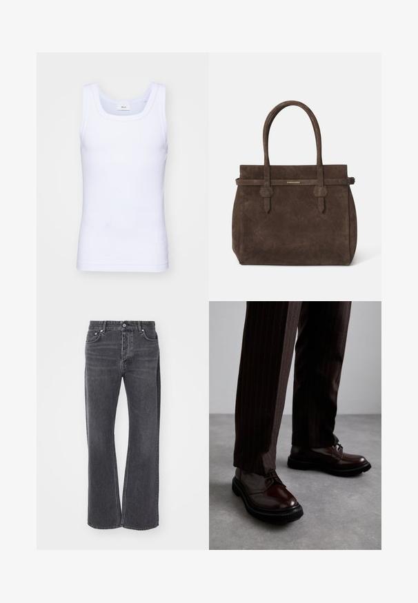 Camiseta sin mangas de algodón blanca con escote redondo, que presenta una textura suave y una forma ajustada, diseñada para el uso casual.; Jeans negros de tiro alto con un diseño holgado y de pierna ancha. Hechos de mezclilla, presentan un ligero desgaste y bolsillos delanteros y traseros.; Zapatos de cuero marrón con cordones y un acabado brillante, suela de goma negra y costuras sutiles. Llevados con pantalones marrón de rayas.; Bolsa tote de ante marrón oscuro con dos asas y una correa horizontal que presenta una pequeña placa de logo dorado de DSQUARED2.