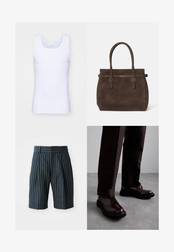 Top din bumbac alb fără mâneci, cu un decolteu rotund, având o textură netedă și o formă ajustată, conceput pentru purtarea casual.; Șorturi albastre cu dungi, cu o croială drită, având un brâu și pliseuri, realizate dintr-un material texturat. Fără buzunare vizibile sau accesorii metalice.; Pantofi din piele maro, cu șiret, având un finisaj lucios, talpă din cauciuc negru și o cusătură subtilă. Purtați cu pantaloni maro cu dungi.; Geantă de umăr din suede maro închis, cu două mânere și o curea orizontală care prezintă o mică placă logo aurie DSQUARED2.