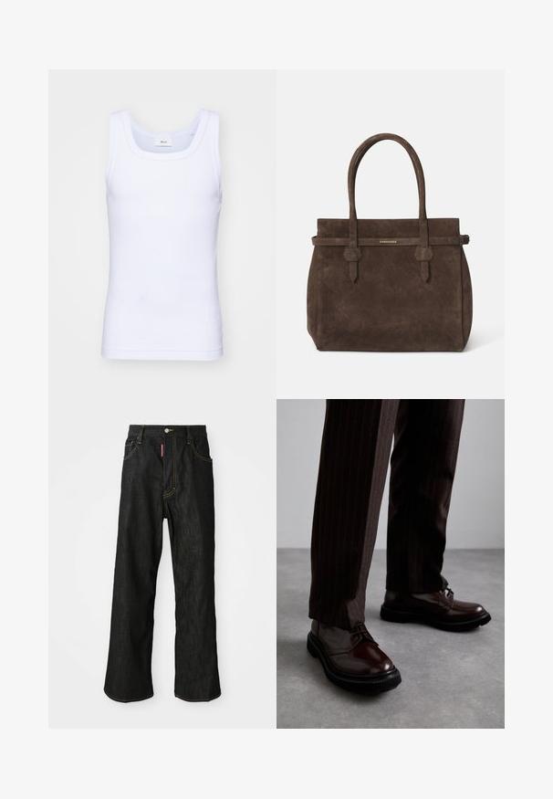 Valkoinen puuvillainen hihaton toppi, jossa on pyöreä pääntie. Topissa on sileä pinta ja se on muotoiltu istuvaksi, suunniteltu rentoon käyttöön.; Mustat suorat farkut, joissa on keltaista ommeltua, viiden taskun muotoilu, napituskiinnitys ja pieni punainen etiketti etuosan oikeassa taskussa.; Ruske nahkasaapad, joissa on kiiltävä pinta, musta kumipohja ja hienovarainen ompelu. Yhdistetty raitapolkkaisiin ruskeisiin housuihin.; Tummanruskea samettinen olkalaukku, jossa on kaksinkertaiset kahvat ja vaakasuuntainen hihna, jossa on pieni kultainen DSQUARED2-logo-plaatti.