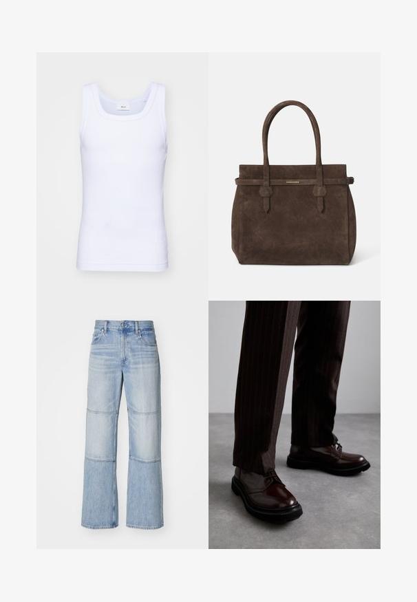 Canottiera bianca in cotone senza maniche con scollatura rotonda, caratterizzata da una texture liscia e una vestibilità aderente, progettata per l'abbigliamento casual.; Pantaloni in denim azzurro chiaro con design a gamba larga, caratterizzati da pannelli a contrasto e cuciture visibili. A vita alta con chiusura a bottone.; Scarpe stringate in pelle marrone con finitura lucida, suola in gomma nera e cuciture sottili. Indossate con pantaloni marroni a righe.; Borsa a spalla in suede marrone scuro con doppi manici e una tracolla orizzontale, dotata di una piccola placca con il logo DSQUARED2 in oro.