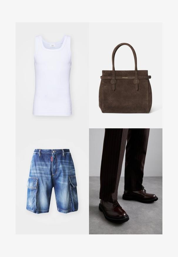Valkoinen puuvillainen hihaton toppi, jossa on pyöreä pääntie. Topissa on sileä pinta ja se on muotoiltu istuvaksi, suunniteltu rentoon käyttöön.; Denim cargo shorts, joissa on rento malli, vaaleansininen pesu, isot sivutaskut ja hienovaraiset kulutustekstuurit, sekä joustava vyötärö.; Ruske nahkasaapad, joissa on kiiltävä pinta, musta kumipohja ja hienovarainen ompelu. Yhdistetty raitapolkkaisiin ruskeisiin housuihin.; Tummanruskea samettinen olkalaukku, jossa on kaksinkertaiset kahvat ja vaakasuuntainen hihna, jossa on pieni kultainen DSQUARED2-logo-plaatti.